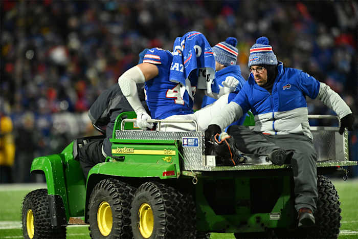 Terrel Bernard gets carted off the field after his ankle injury vs. the Pittsburgh Steelers on Monday.